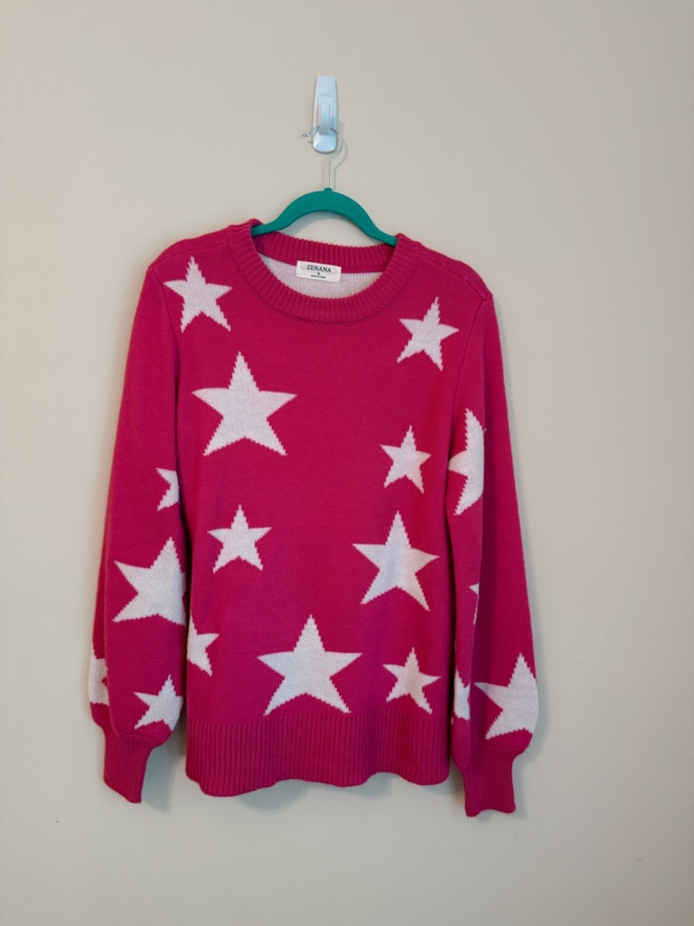Zenana Women's Oversized Pink Crewneck Sweater w/ White Stars